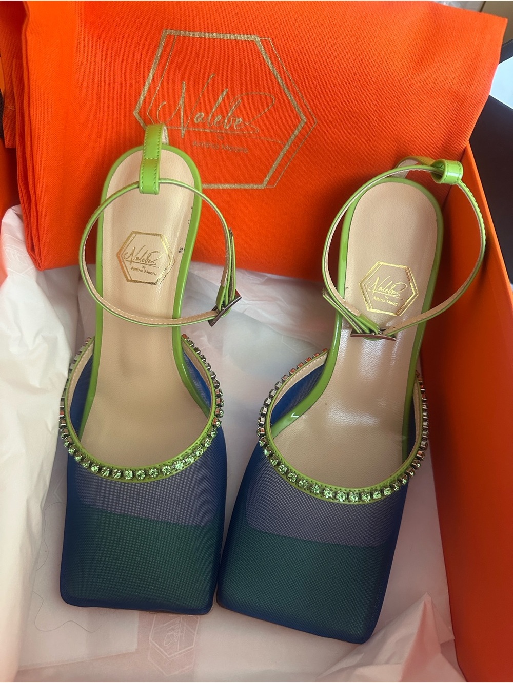 Nalebe Green & Navy Embellished Ankle-Strap Heels